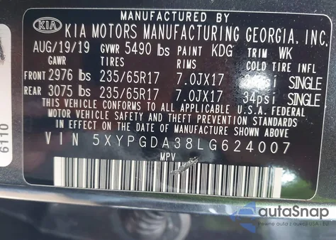 2020 Kia Sorento 2.4L Lx from USA, damaged, VIN 5XYPGDA38LG624007